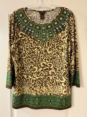 Multiples Brown & Green Embellished Animal-Print Tunic